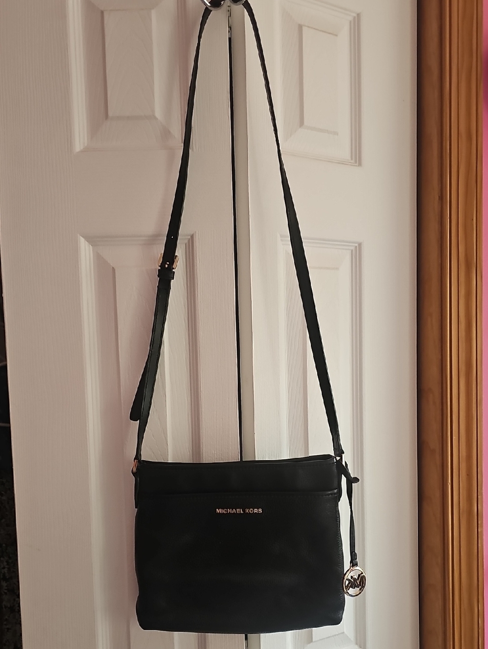 Michael Kors Black Leather Crossbody with Gold Logo Charm